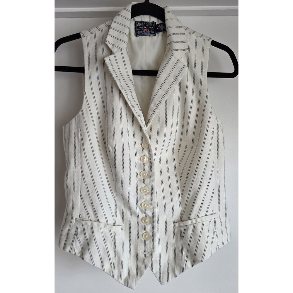 Vintage American Living Vest Size 4 Striped White Linen Cotton Sleeveless Preppy